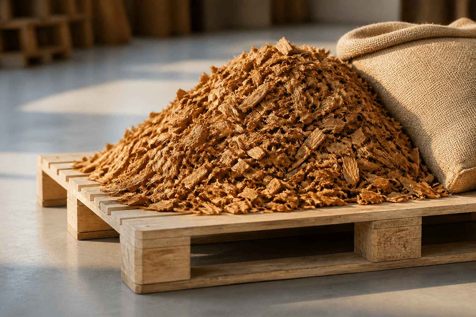 A large pile of loose, processed coconut husk chips resting on a wooden pallet inside a clean, modern warehouse.