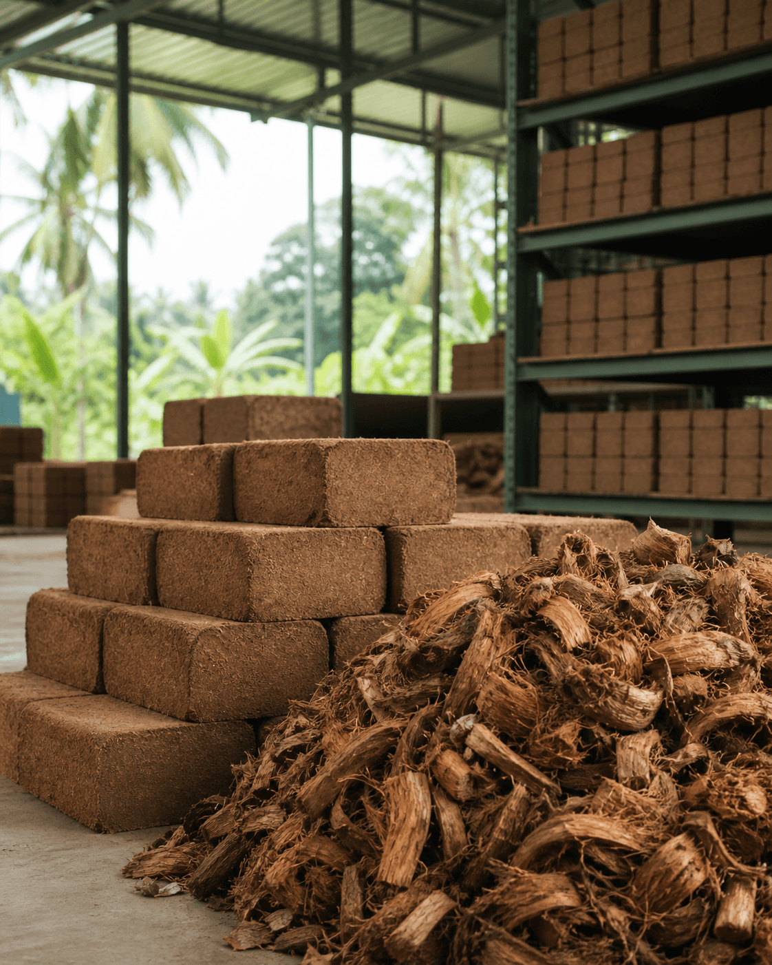 Compressed coconut coir blocks and loose husk chips at a Sri Lankan processing facility