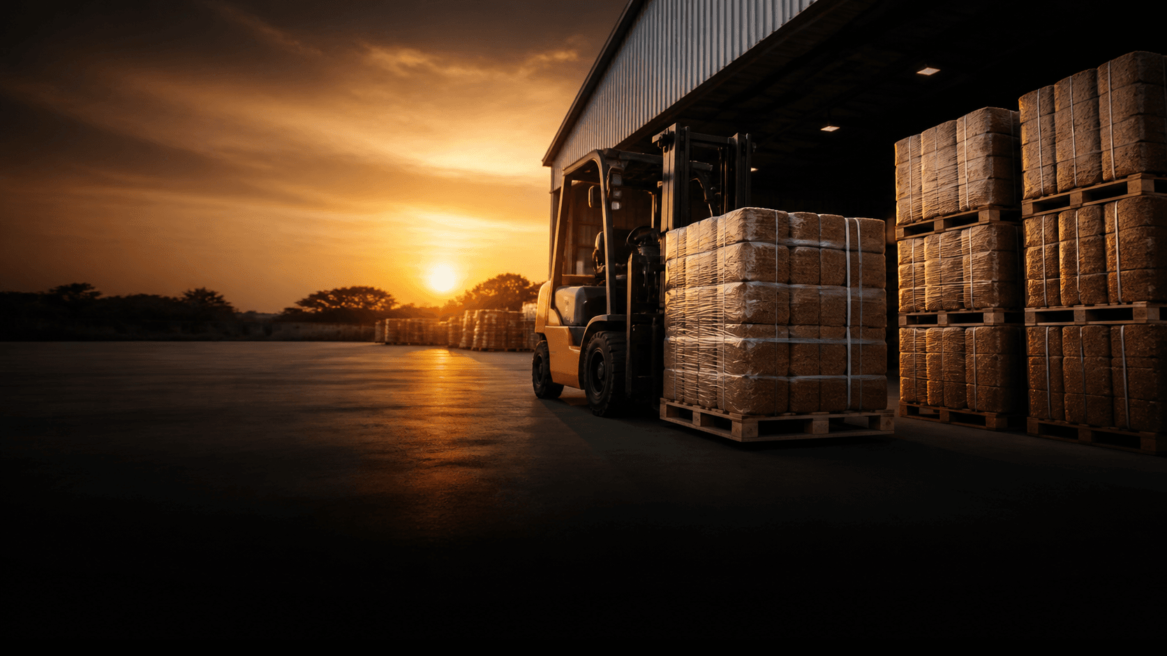Palletised cocopeat supply being loaded at a processing facility